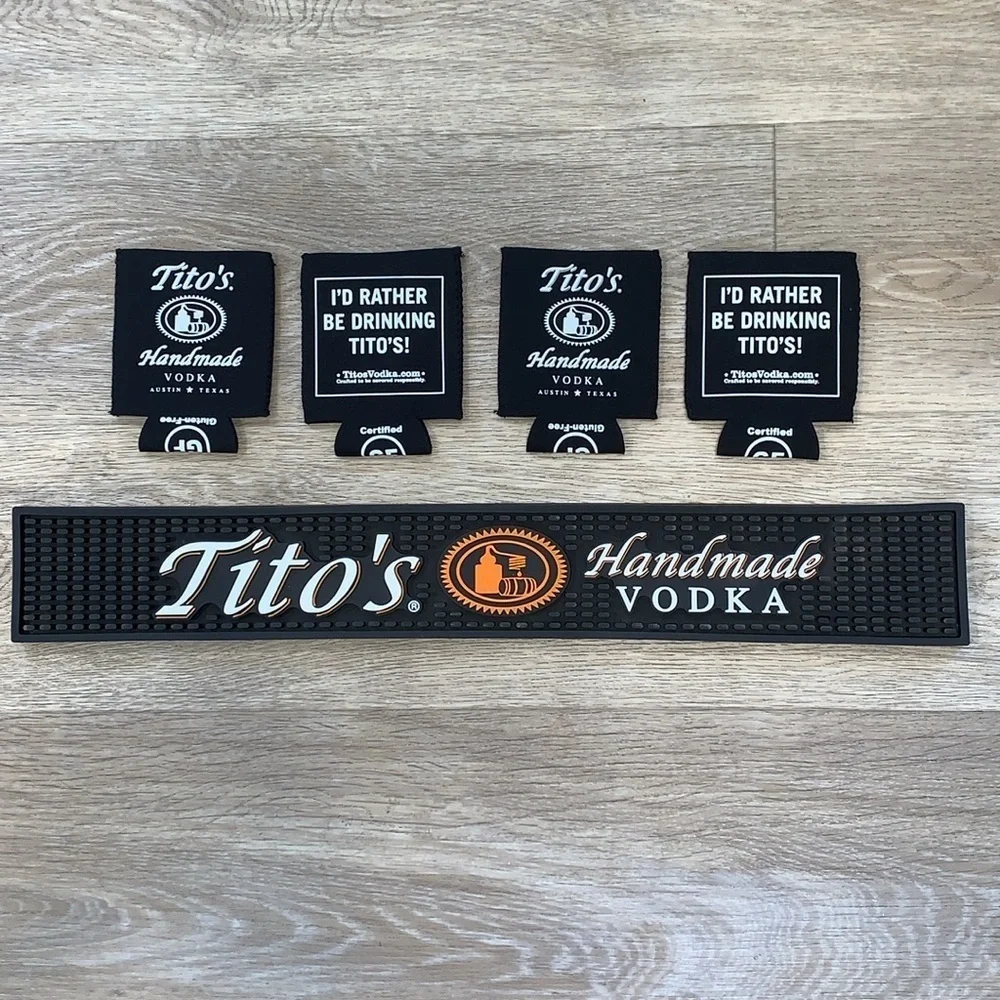 NWOT Tito’s Handmade Vodka Bar Spill Rail Mat and 4 Drink Koozies